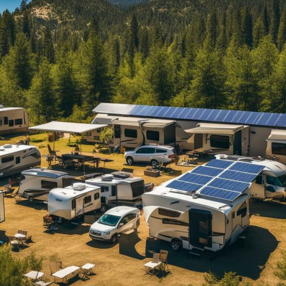 Solar panels on top of various caravans, capers and a campground amenities block, charging batteries for campers.