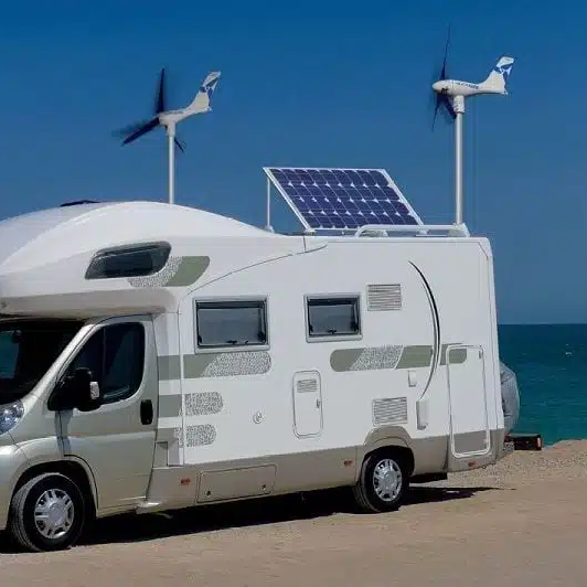 Wind turbines on the top of an RV motorhome along with solar panels both to charge and power the electrical system.