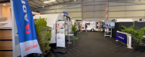 A scene of several new caravans on display at a caravan show